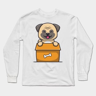 Cute Pug Dog Playing In Box Long Sleeve T-Shirt